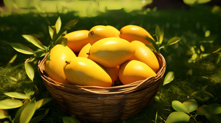 Ripe yellow mangoes in a basket on a green grass.の素材