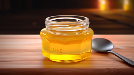 Honey in a glass jar on a wooden table. 3d renderingの素材