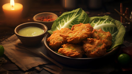 Deep-fried cauliflower with sauce in a bowl on a wooden tableの素材