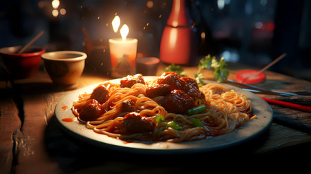 spaghetti with meatballs and tomato sauce on a wooden table.の素材