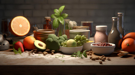 Healthy eating concept. Assortment of healthy food on wooden tableの素材