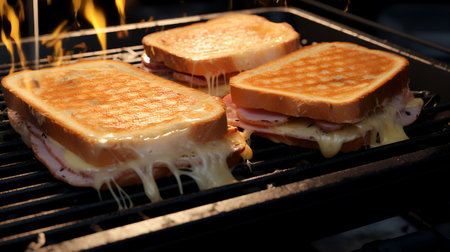Closeup of two toasted sandwiches with cheese and ham on grillの素材