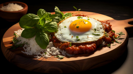 fried egg with rice and herbs on a wooden board on a black backgroundの素材