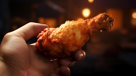 Hand holding fried chicken drumsticks in front of a fireplace in the backgroundの素材
