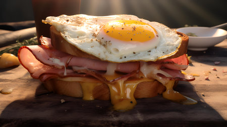 Ham and cheese sandwich with fried egg and mayonnaise on a wooden boardの素材