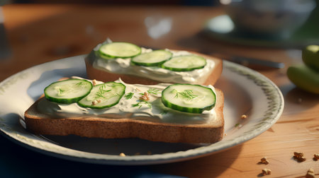 Toasts with cream cheese and cucumber on wooden table, closeupの素材
