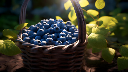 Blueberries in a wicker basket on a wooden background. Selective focus.の素材