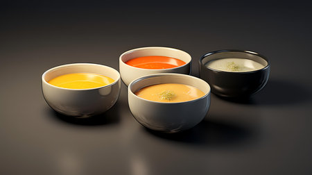 Three bowls of soup on a dark background. 3d rendering.の素材