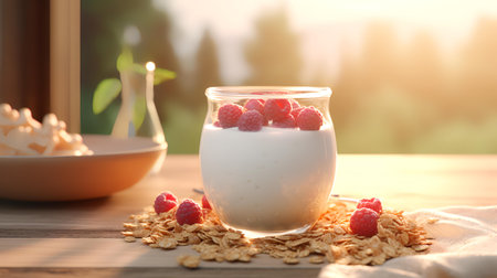 Yogurt with raspberries in glass jar on wooden tableの素材