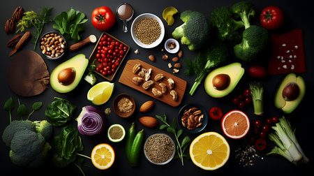 Healthy food background with vegetables, fruits and nuts. Top view.の素材