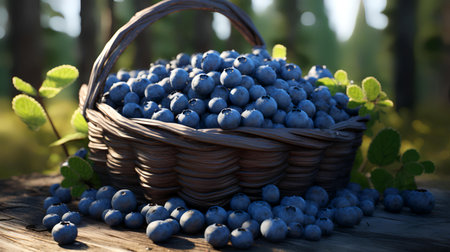 Basket with ripe blueberries on a wooden table in the forestの素材