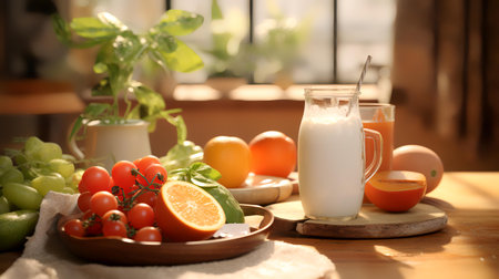 Fresh fruits and vegetables with glass of milk on wooden table in kitchenの素材