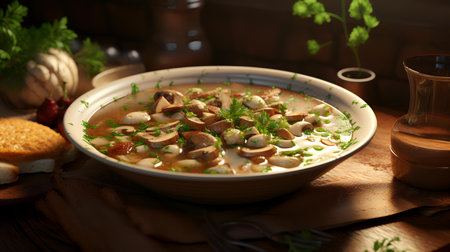 Mushroom soup with cream and parsley in a bowl.の素材