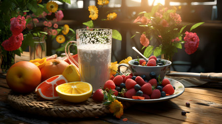 Healthy breakfast with fresh fruits and milk on wooden table in the morningの素材