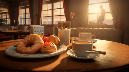 Breakfast with coffee and croissants in the morning light.の素材