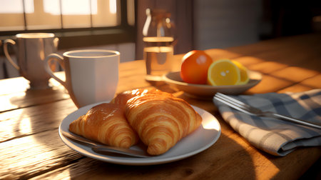 Breakfast with coffee and croissants in the morning light.の素材