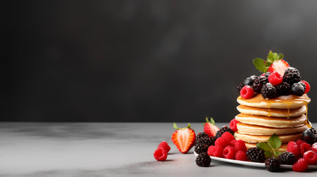 Pancakes with fresh berries on white marble table, copy spaceの素材