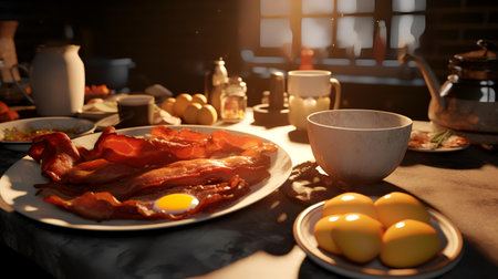 Breakfast with fried eggs and bacon on the table in the kitchenの素材