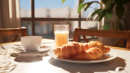 Breakfast with coffee, croissants and orange juice in cafeの素材
