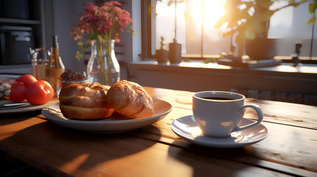 Breakfast with coffee and croissants on the table in the morningの素材