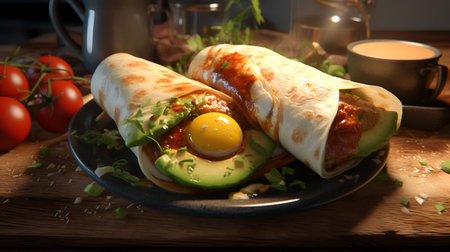 Tortilla wrap with avocado and egg on wooden table, closeupの素材