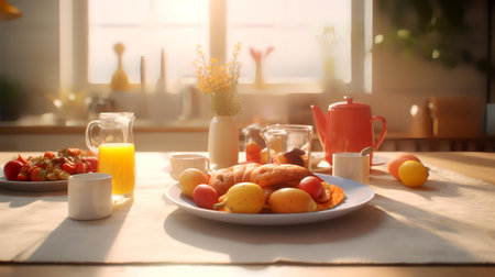 Breakfast table with croissants and fruit in the morning lightの素材