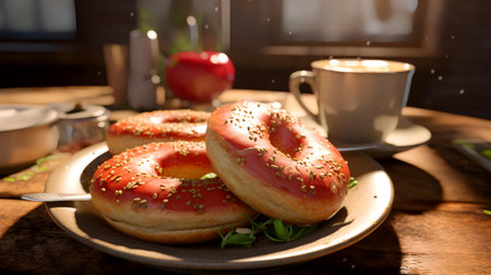 Breakfast with donuts and cup of coffee on wooden table.の素材