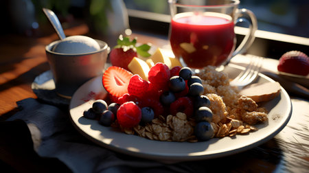 Healthy breakfast with oatmeal, berries, fruits and tea on a wooden tableの素材