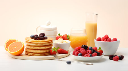 Plate with tasty pancakes, berries and orange juice on white wooden tableの素材