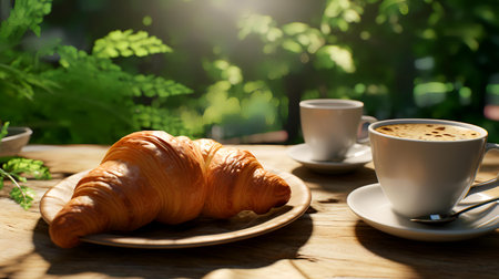 Breakfast with coffee and croissants on wooden table in gardenの素材