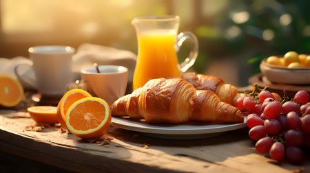 Foto de Breakfast with coffee, croissants and orange juice in garden - Imagen libre de derechos