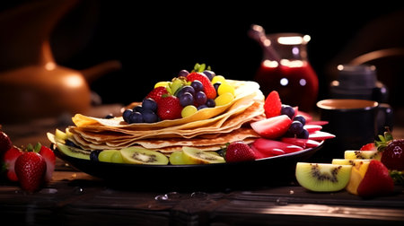 Pancakes with fresh fruit on black background. Shallow depth of field.の素材