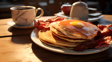 Breakfast with pancakes, bacon, eggs and coffee on wooden tableの素材