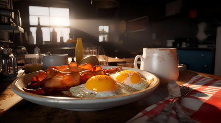 Breakfast with fried eggs and bacon on wooden table in the kitchenの素材
