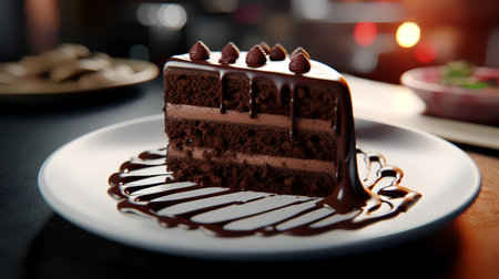 Chocolate cake with chocolate glaze on a wooden table in cafeの素材