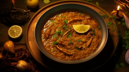 Bowl of fish curry with lemon and parsley on wooden tableの素材