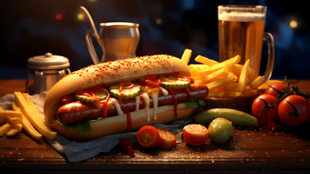 Hot dog with french fries and glass of beer on wooden table.の素材