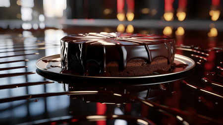 Chocolate cake on a black plate on a dark background. 3d rendering.の素材