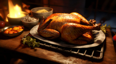 Roasted chicken on a wooden table in front of a fireplace.の素材