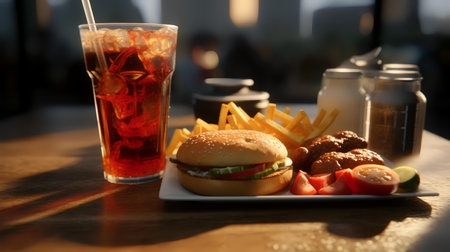 Fast food in a restaurant. Burger, french fries and colaの素材