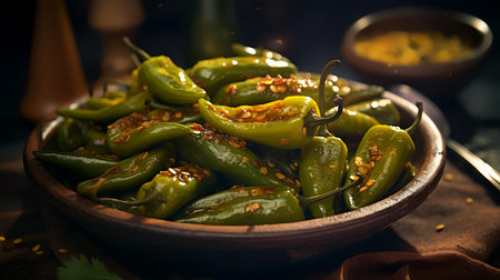 Green jalapeno peppers with sesame seeds on a wooden backgroundの素材