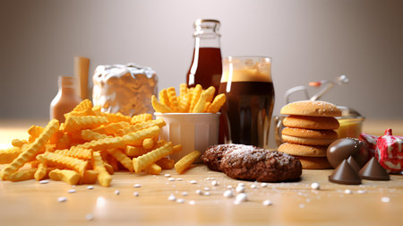 Fast food and unhealthy eating concept. Close up of hamburger, french fries and colaの素材