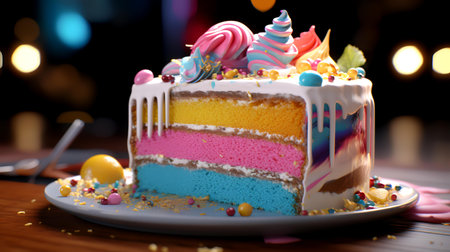 Colorful birthday cake on the wooden table with bokeh backgroundの素材
