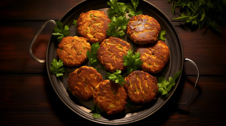 Potato pancakes with parsley on a plate on a wooden backgroundの素材