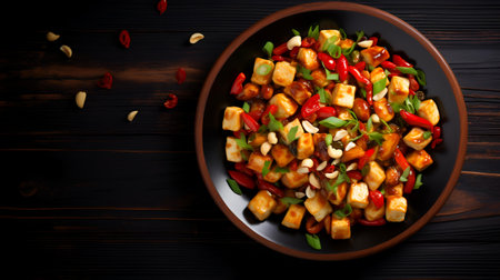 Stir fried tofu with chili pepper and sesame seeds on black wooden backgroundの素材