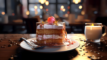 A piece of cake in a glass on a wooden table in a cafeの素材