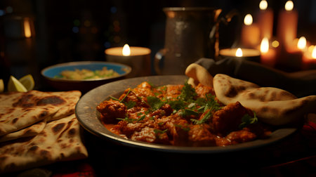 Traditional indian chicken tikka masala served with naan breadの素材