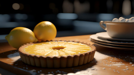 Lemon tart with a cup of coffee on a wooden table.の素材