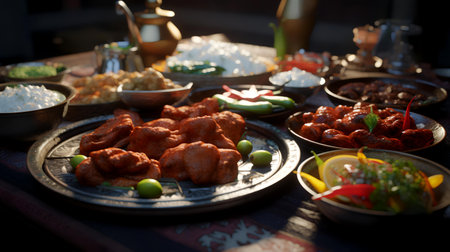 Traditional malaysian food on the table at sunset. Close upの素材