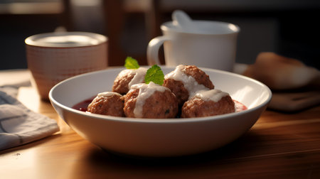 Meatballs with sour cream on a plate with a cup of coffeeの素材